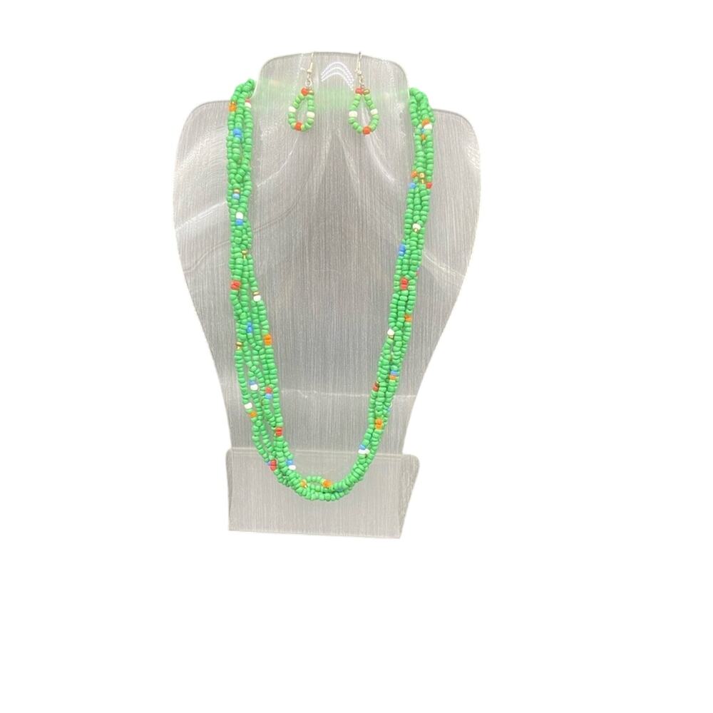 Handcrafted Beaded Green Maasai Multi Strand Necklace & Earrings-New